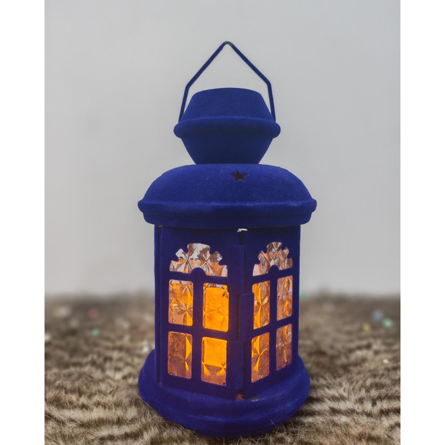 فانوس قطيفة ازرق+شمعه مقاس 25 سم