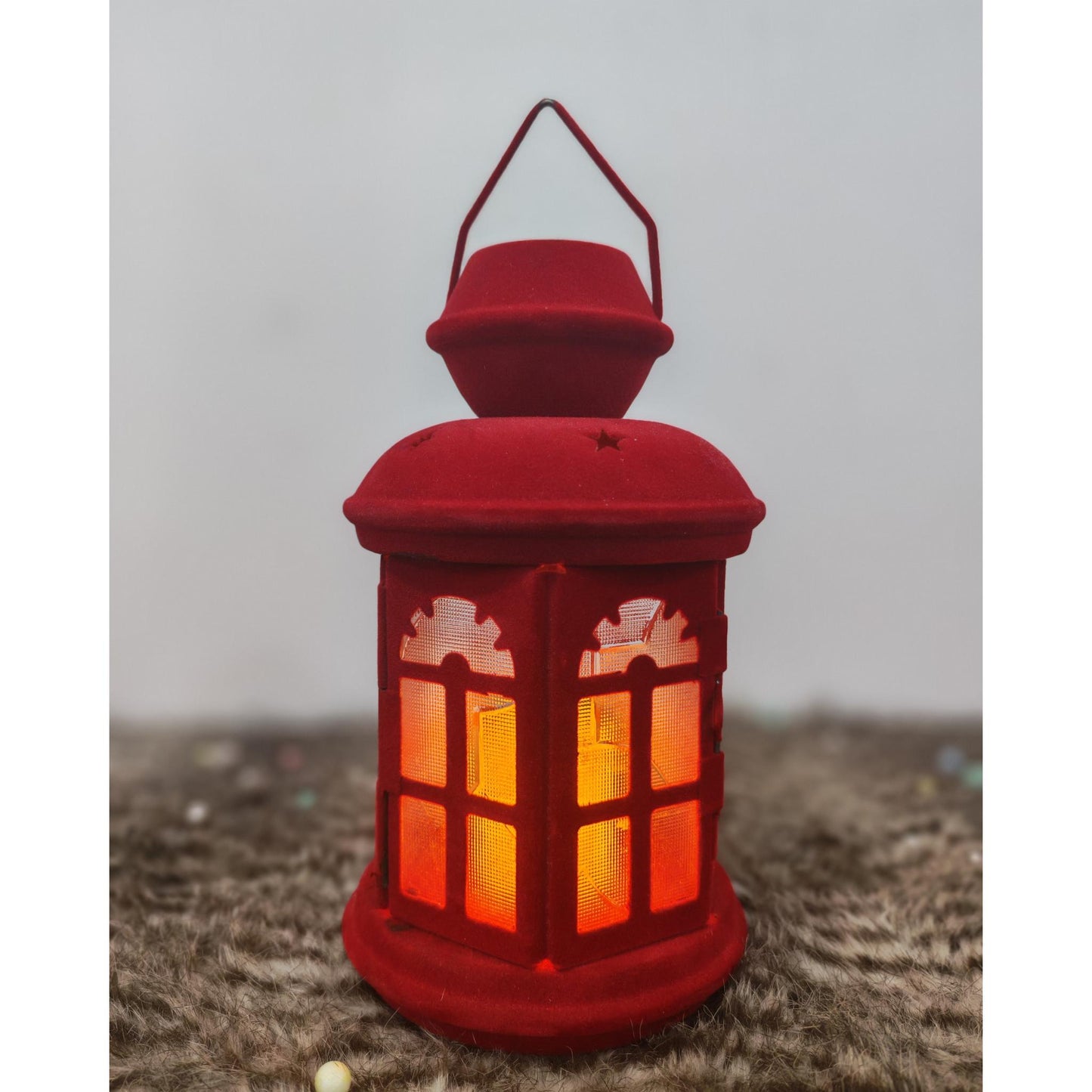 فانوس قطيفة احمر+شمعه مقاس 25 سم
