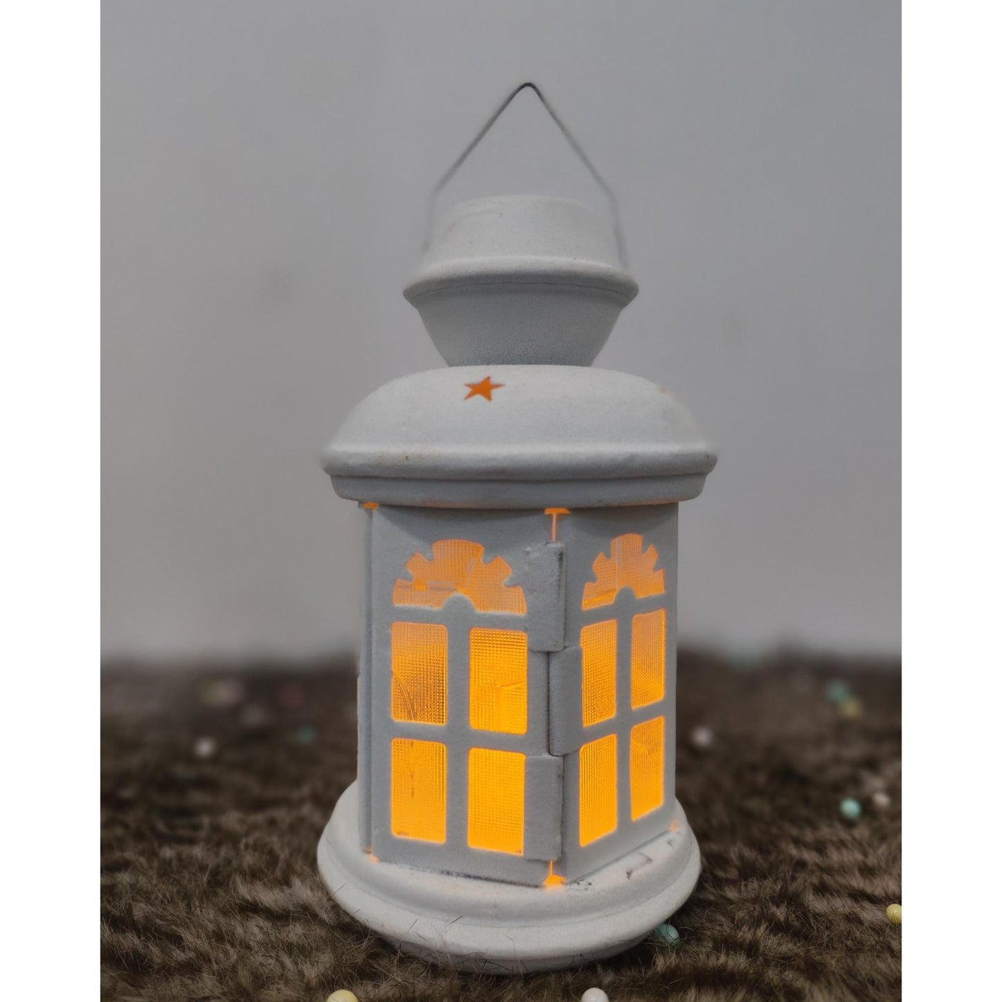 فانوس قطيفة ابيض+شمعه مقاس 25 سم