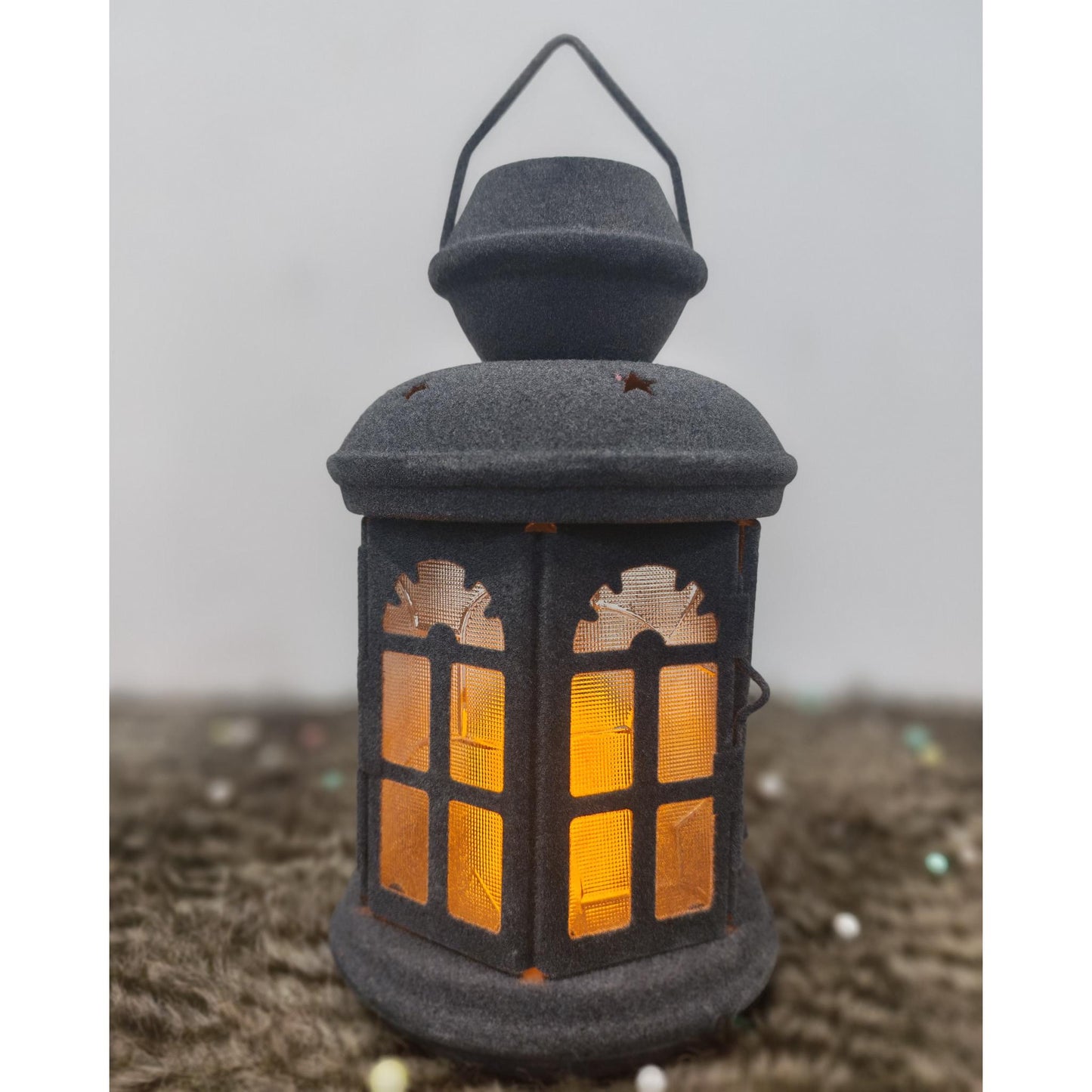 فانوس قطيفة رمادي+شمعه مقاس 25 سم