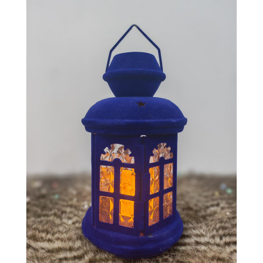 فانوس قطيفة ازرق+شمعه مقاس 25 سم