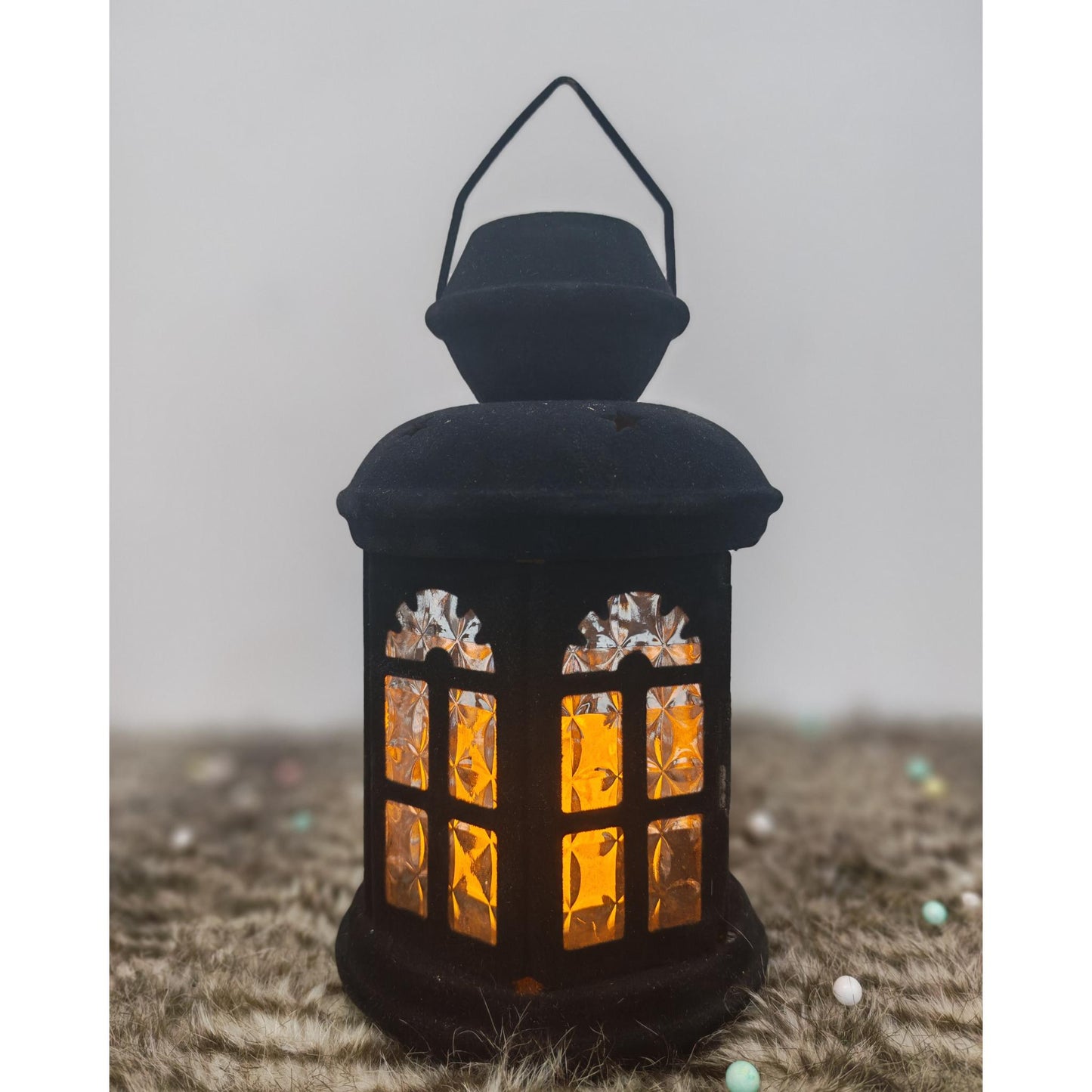 فانوس قطيفة اسود+شمعه مقاس 25 سم